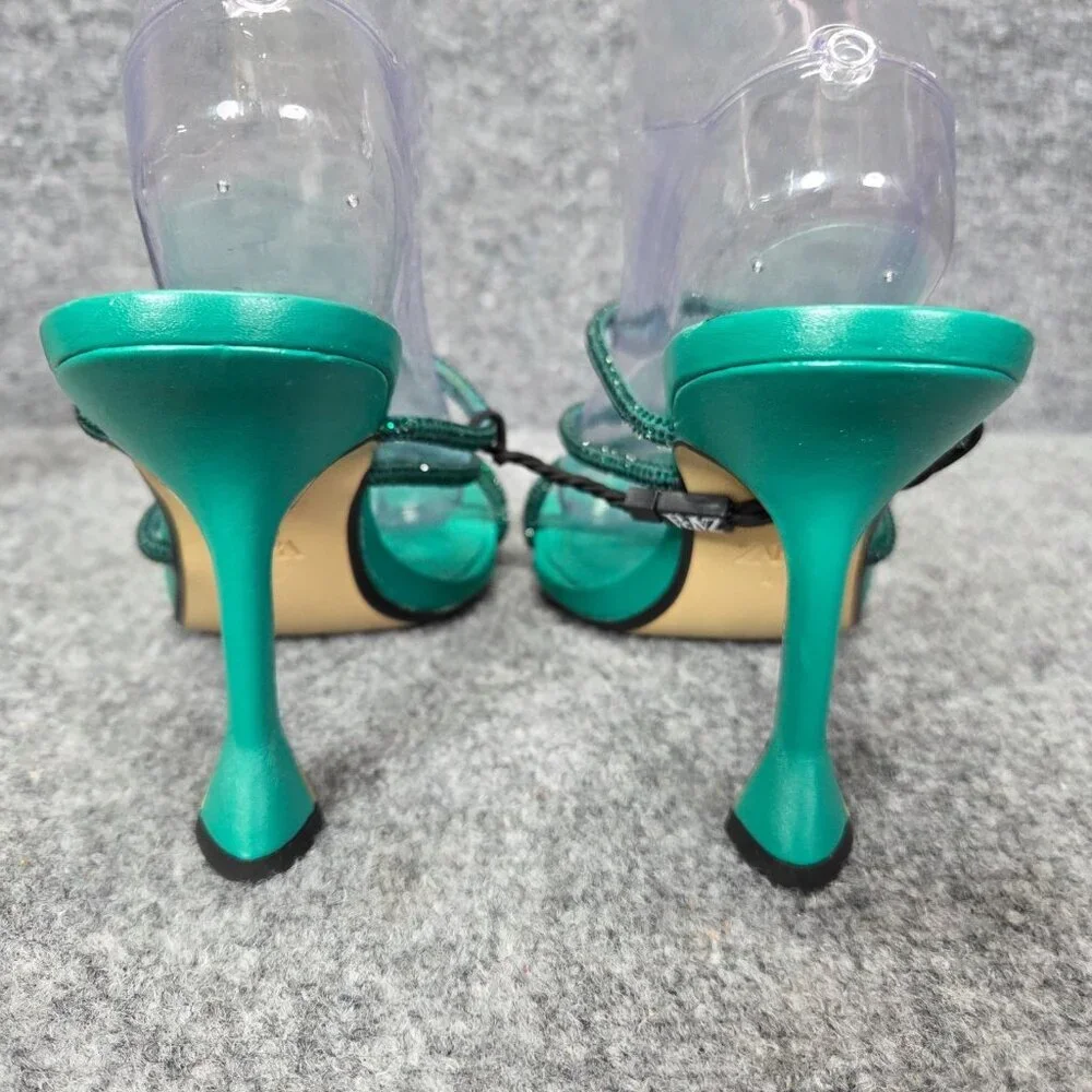 ZARA‎ Green Ankle Rhinestone Open Toe Stiletto Heels Sandals Satin EUR 41 US 10